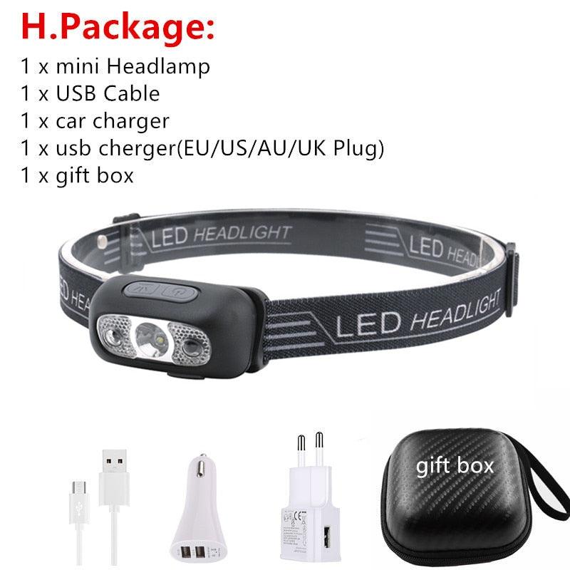 Mini Rechargeable LED Headlamp with Body Motion Sensor Headlight USB - laorstore